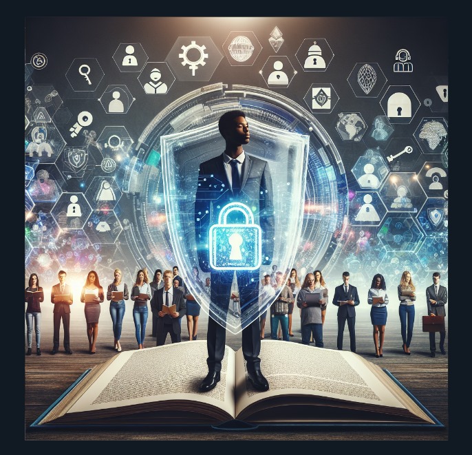 Cybersecurity learning represented by a shield and open book