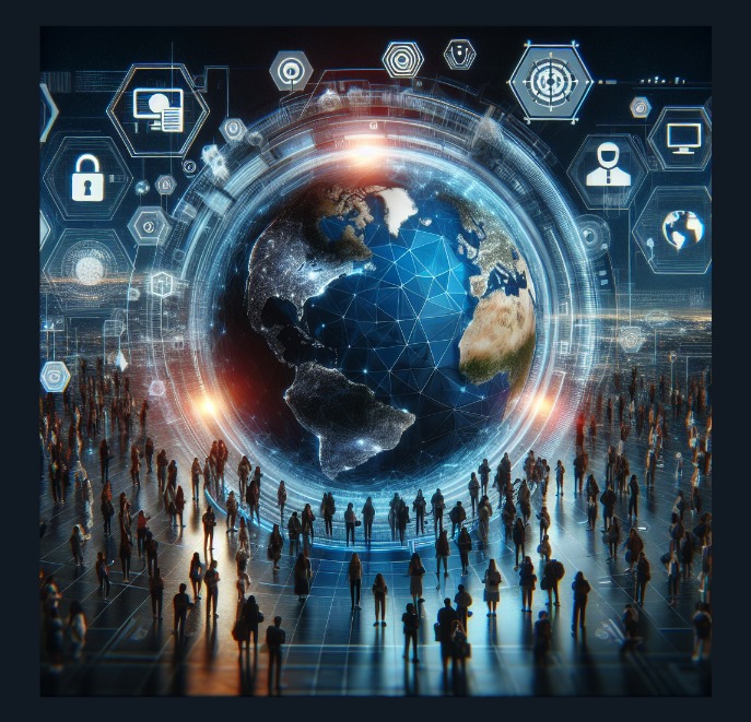 A digital globe surrounded by connected security systems
